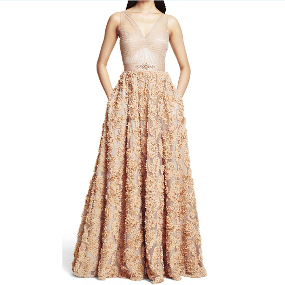 Adrianna Papell Beige Rosette Formal Ball Gown